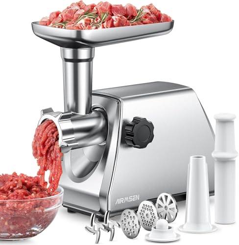 AIRMSEN Electric Meat Grinder & Mincer – Heavy Duty Professional Stainless Steel Sausage Maker & Stuffer with 3 Plates, 2 Stainless Blades & Kubbe Kit – Fast, Quiet, Easy to Clean for Home Kitchen Use - size: Medium