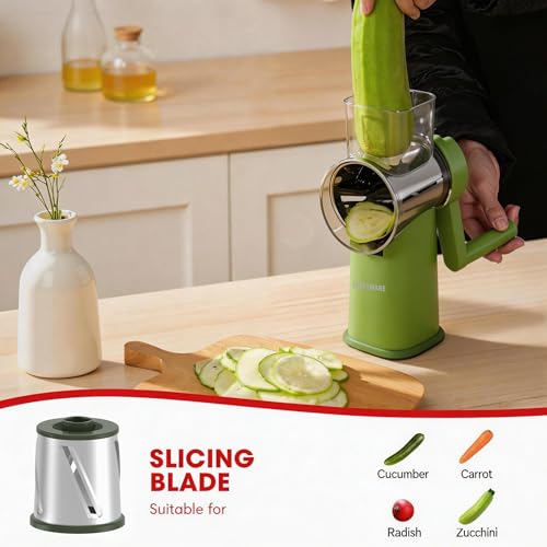 Rotary Cheese Grater Hand Crank with Foldable Handle, Three Blades - color: Green