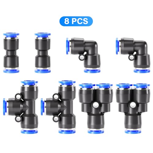 TAILONZ 1/2" Push to Connect Fitting Splitters+Elbows+Tees+Straight 8pcs - color: Blue, size: 1/2"OD/8PCS