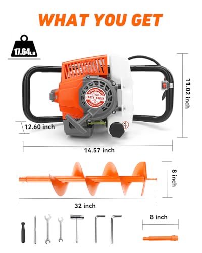 NEO-TEC 72CC Post Hole Digger Gas Powered, 2-Stroke Earth Auger Hole Digger - size: 72CC+8"+1 Extension
