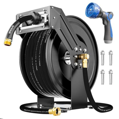 SPECILITE Retractable Garden Hose Reel with 5/8" 100ft Hot/Cold Pipe, Black - color: Black, size: 5/8'' 100 FT