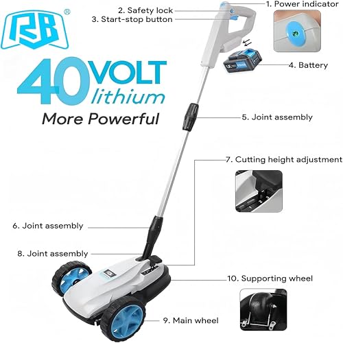 RB 40V 9" Mini Cordless Lawn Mower with Battery & Charger for Small Yards - size: 9 IN