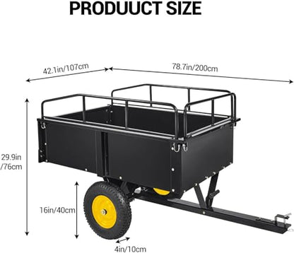 Heavy Duty ATV Trailer Steel Dump Cart, 750 Lbs 15 Cubic Feet Tow Behind Steel Dump Cart, Garden Utility Trailer Yard Trailers with Removable Sides for Riding Lawn Mower Tractor - color: Yellow