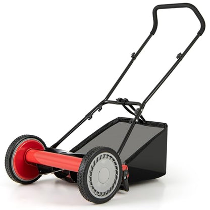 16" Manual Rear Mower, Push Lawn Mower with 5 Steel Blades, Adjustable Cutting Heights & Grass Catcher Bag, Walk-Behind Grass Cutter Lawn Sweeper for Garden, Park & Yard (Red) - color: Red, size: 16"