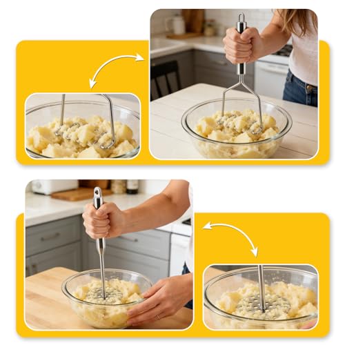 2 Pack Stainless Steel Potato Masher Set, Non-Slip Handle for Potato Puree | Heavy Duty Wave & Round Masher Set,for Avocado & Homemade Baby Puree,Dishwasher Safe