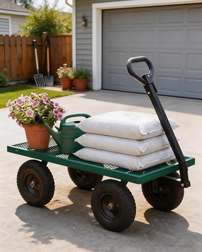 GarveeTech 1200LBS Heavy Duty Steel Garden Cart, Garden Wagon Cart on Wheels, Metal Yard Utility Wagon with Removable Mesh Sides, 13" All Terrain Tires, 180° Rotating Handle for Lawn, Garden, Farm - color: Green