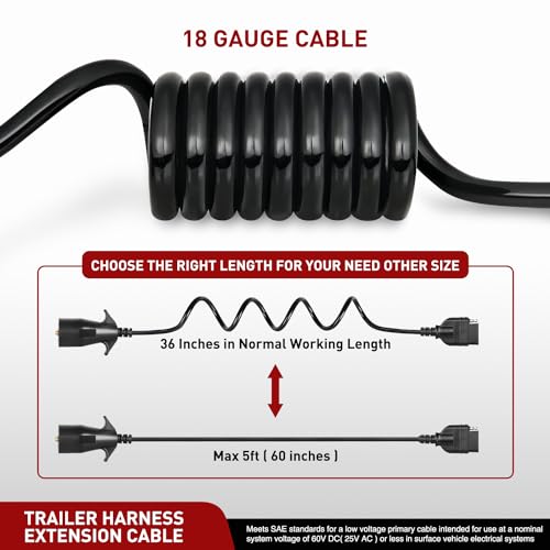 Nilight 7 Way to 5-Way Coiled Trailer Extension Wiring Harness 5FT - color: 7Pin to 5Pin Coiled Cable