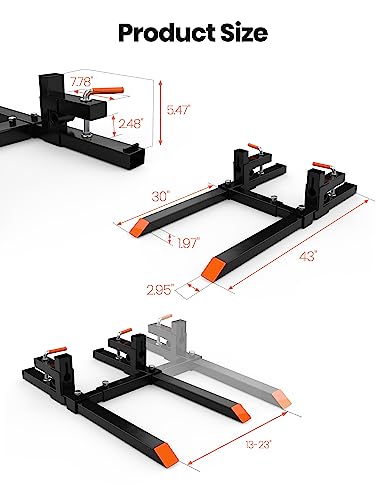 DEXSO 2000 LBS 43" Heavy Duty Clamp on Pallet Forks with [Adjustable Stabilizer Bar] for Tractor Bucket Loader Skid Steer