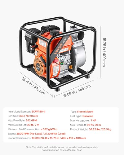 VEVOR Gas Powered Water Pump, 3 in, 242 GPM 7HP Semi Trash Water Transfer Pump Portable, Gasoline Engine with 25 ft Discharge Hose, Heavy Duty Frame, Cast Iron Impeller, for Irrigation, Ponds, Pools - size: 3in 7.0 HP 242GPM