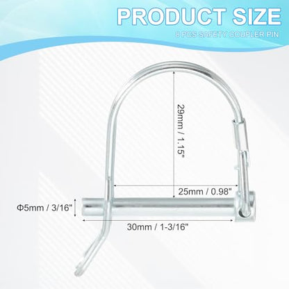 PATIKIL Trailer Coupler Pin 3/16" x1-3/16, 8 Pcs Wire Lock D Shape Safety Shaft Locking Round Pto Pins for Farm Trailers Lawn Hitches Garden Tractor Kayak Boat, Silver (5x30mm) - size: 3/16" x 1-3/16"