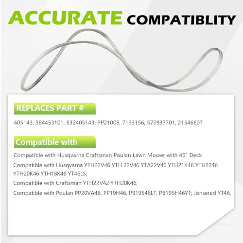 405143 46 Inch Lawn Mower Deck Belt for Husqvarna 532405143 584453101 YTH22V46 YTH20K46 YTH21K46 YTH18K46 Craftsman Poulan Lawn Mower - Aramid Cord, 105.75" - size: 105.75"L x 0.5"W