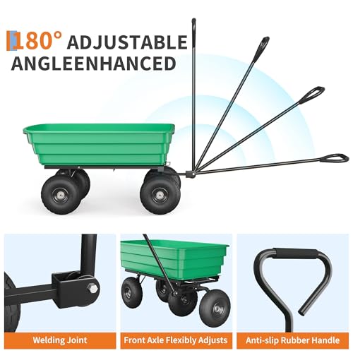 Heavy Duty Garden Dump Cart 1200lb Capacity, 6 Cu.Ft Steel Frame & Polypropylene Yard Wagon with 180° Pivoting Handle, All Terrain Wheels for Farm, Gardening and Outdoor Work