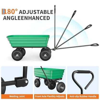 Heavy Duty Garden Dump Cart 1200lb Capacity, 6 Cu.Ft Steel Frame & Polypropylene Yard Wagon with 180° Pivoting Handle, All Terrain Wheels for Farm, Gardening and Outdoor Work