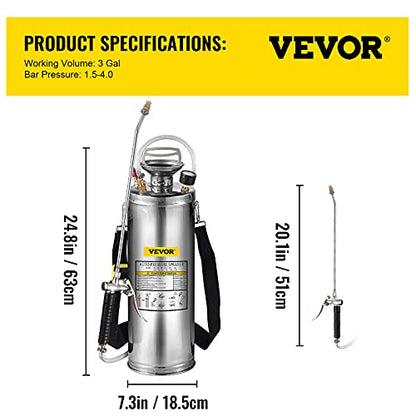 Happybuy 3 Gallon Stainless Steel Sprayer, 20" Wand & 3FT Reinforced Hose, Hand Pump Sprayer with Pressure Gauge, Safety Valve & Adjustable Nozzle, Weed Sprayers for Lawn, Gardening & Sanitizing - size: 3 Gallon