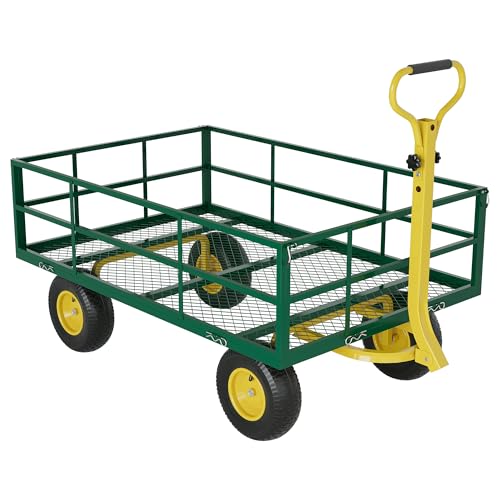 1200 LB Garden Cart on Wheels, Heavy Duty Steel Garden Wagon with Removable Mesh Sides & Adjustable Handles, Yard Cart Utility Wagon for Gardening, Lawn & Patio, Green & Yellow - color: Green Yellow, size: 1200 LBS