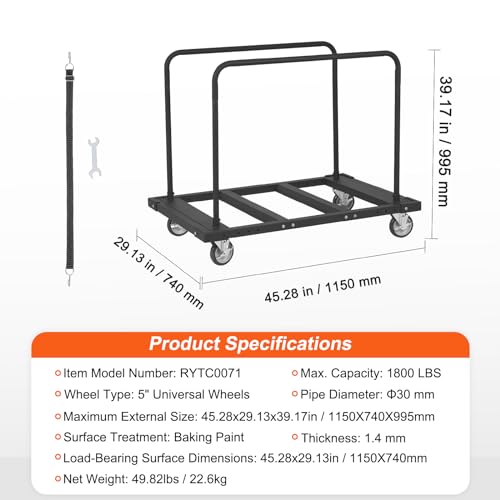 VEVOR Folding Table Cart, Heavy Duty Table Trolley with 5" Swivel Wheels, 1800 LBS Drywall Dolly Cart for Garage, Home, Warehouse, Party Event Hotel Furniture 10 Table Capacity - style: 1800LBS - Double Bar