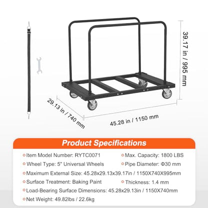 VEVOR Folding Table Cart, Heavy Duty Table Trolley with 5" Swivel Wheels, 1800 LBS Drywall Dolly Cart for Garage, Home, Warehouse, Party Event Hotel Furniture 10 Table Capacity - style: 1800LBS - Double Bar
