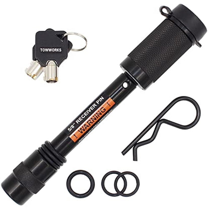 TowWorks 79631 Keyed Unique 5/8" Trailer Hitch Lock with Extra Long 3-1/4" Span, Double Safety Tow Hitch Receiver Locking Pin for Class III IV Hitches with 2" and 2.5" Receivers - color: Black 1pc 5/8"