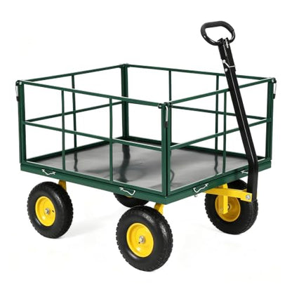 3-in-1 Heavy Duty Garden Cart, 1500 LBS Capacity Utility Wagon with 13 Inch All-Terrain Pneumatic Tires, Removable Side Panels & 180° Adjustable Handle, Convertible Flatbed Trailer for Lawn Yard Farm - color: Green, size: 1500 Lbs