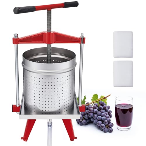VEVOR Fruit Wine Press, 3.96Gal/15L, Stainless Steel Manual Juice Maker, Heavy Duty T-Shaped Handle & Cross-beam for Cider Apple Grape Vegetable Press, with 2 Filter Bags, for Kitchen Home Brewing - size: 3.96 Gal