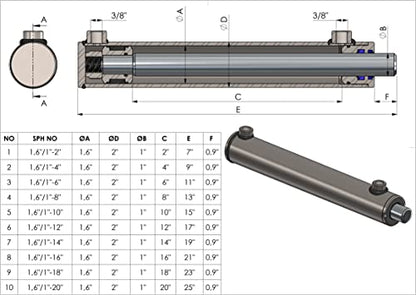 Spare Parts Holland - Double Acting Hydraulic Cylinder, 1.6" Tube with 1" Chrome Rod, 14" Stroke Length, Professional Grade - size: 1.6" - 14"