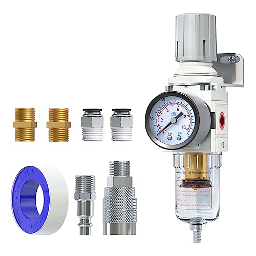 AIRZOE 1/4"NPT Air Filter Regulator Combo Piggyback,5 Micron Brass Element, Semi-Auto Drain,Air Pressure Regulator AW2000-02,0-150 psi Gauge - size: 1/4"NPT, style: Semi-Auto Drain