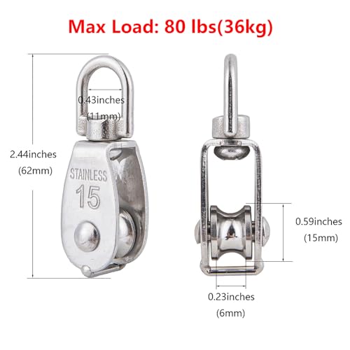 2X 304 Stainless Steel M15 Single Swivel Rope Pulley Blocks with Snap Hooks - size: M15-2pcs