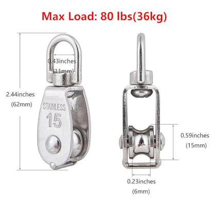 2X 304 Stainless Steel M15 Single Swivel Rope Pulley Blocks with Snap Hooks - size: M15-2pcs
