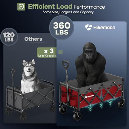 HIKEMOON 34'' Extra Long Folding Portable Wagon, 120L 360LBS Red & Grey - color: Red & Grey