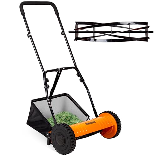Walensee 16-Inch 5-Blade Push Reel Lawn Mower, Cordless Manual Reel Lawn Mower Walk-Behind Steel Lawn Mowers with Removable 7.9-Gallon Grass Catcher, Sponge Grip, 4-Position Cutting Height Adjustment - size: 16-Inch With Catcher