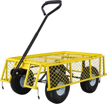 Steel Garden Cart, 550 lbs Capacity Heavy Duty Garden Wagons with Removable Steel Mesh, Sides to Convert Into Flatbed, Folding Utility Heavy Duty Wagons Carts for Yard, Garden, Farm,Yellow