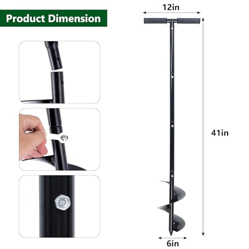Post Hole Digger Manual 6" x 41" Garden Auger Spiral Drill with T Shaped Handle for Digging Planting Bulb Bedding