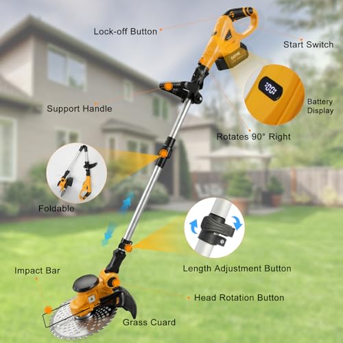 21V Cordless String Trimmer, Brushless Weed Wacker 4-in-1 Lawn Tool - color: Yellow