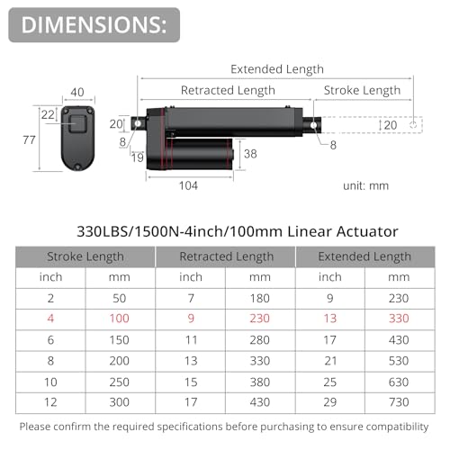 Justech 330LBS/1500N-4inch/100mm 12V Linear Actuator with Bracket, Black - size: 1500N-100mm