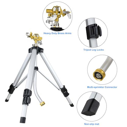 Sprinklers for Yard on Tripod, 2 Pack Heavy Duty 360 Degree Impact Lawn Sprinklers for Yard and Gardens, Adjustable Base with Sprinkler Head Nozzle and 3/4" NH Inlet Hose Connection