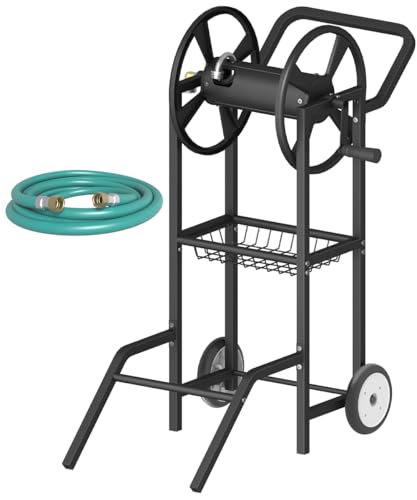 Artigarden Hose Reel Cart with 2 Wheels, Garden Water Hose Holder Heavy Duty Powder Coated Steel Outdoor Winder Storage Holds 125 ft 5/8" Hoses with Basket and 3.9ft Leader Hose for Backyard, Black - color: Black