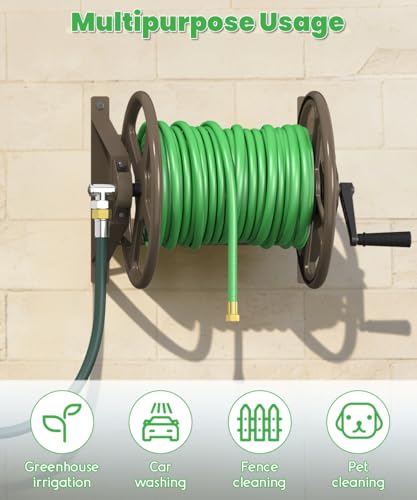 Garden Hose Reel Wall Mounted, Heavy-Duty Water Hose Holder Winder with 3.9 ft Leader Hose & Brass Fitting, Hose Hanger Storage Rack Holds 125-Feet of, 5/8-Inch, for Yard Lawn Farm, Brown - color: Brown