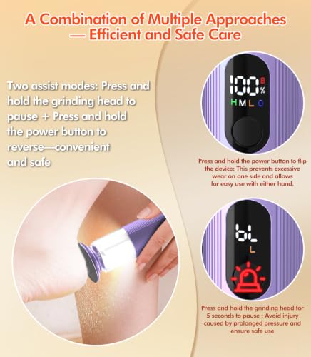 5-in-1 Electric Foot Callus Remover,Portable Callus Remover for Feet【Ergonomic Triangular Grip - 45% Less Slippage】【Optimal RPM Combination】 Display & LED Lights-Foot Callus Remover with 30 Grit Pads - color: Purple