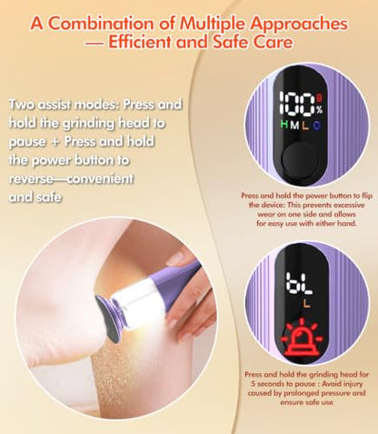 5-in-1 Electric Foot Callus Remover,Portable Callus Remover for Feet【Ergonomic Triangular Grip - 45% Less Slippage】【Optimal RPM Combination】 Display & LED Lights-Foot Callus Remover with 30 Grit Pads - color: Purple
