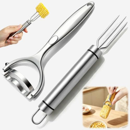 2 Pcs Corn Peeler with Folk, Stainless Steel Stripper Tool for Corn On the Cob, Ergonomic Handle, Kernel Remover Cutter for Fresh or Cooked Cobs, Multifunctional Kitchen Gadget