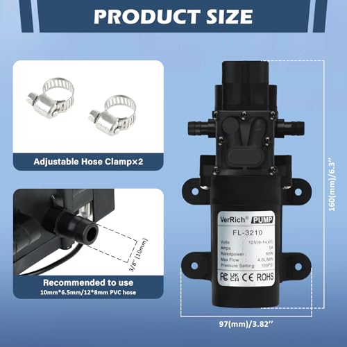 VerRich DC 12V Water Pump 116PSI 8 Bar Diaphragm Pump with Pressure Switch 4L/Min 1GPM High Pressure Pump 3/8" 10mm Connector with 2 Adjustable Hose Clamp for Water taps,Motorhome,Caravan - style: Diaphragm