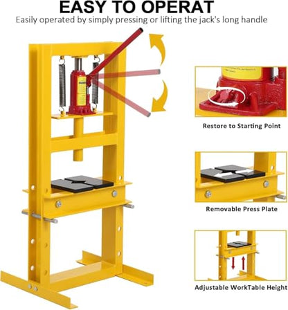 6-Ton Hydraulic Shop Press, H-Frame Bearing Press, 4-Hold Adjustable Height