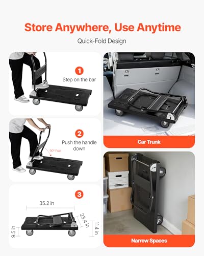 VEVOR Platform Truck Push Cart Dolly, 1000LBS Heavy Duty Folding Platform Truck with 360° Swivel Wheels, Flat Bed Cart with Space Saving Push Handle for Garage/Basement/Office/Warehouse - size: 35.2 x 23.4 x 33.5 in/ 895 x 595 x 850 mm