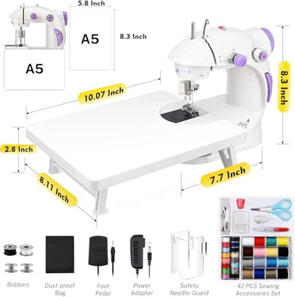 Magicfly Mini Sewing Machine with Extension Table, Dual Speed Portable Sewing Machine for Beginners with Light, Sewing Kit for Household Use, White - color: White
