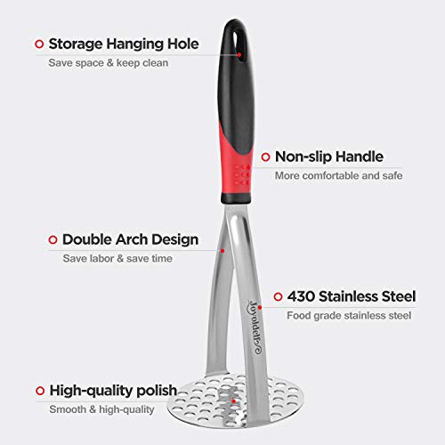 Joyoldelf Heavy Duty Potato Masher, Stainless Steel Integrated Masher Kitchen Tool & Food Masher/Potato Smasher with Non-slip Handle, Perfect for Bean, Vegetable, Fruits, Baby Food, Avocado, Meat - color: red-black