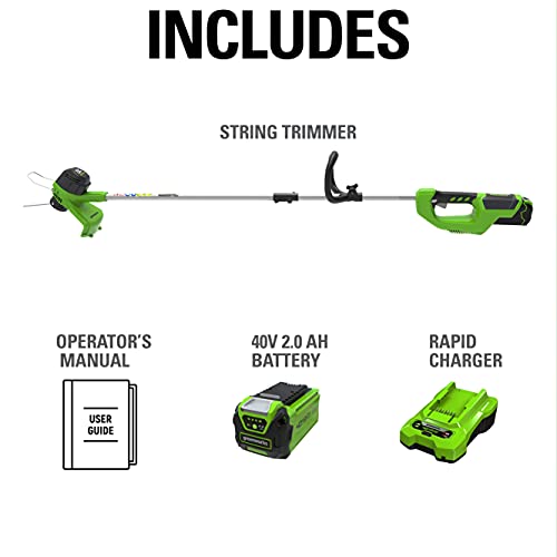 Greenworks 40V 12 in Cordless String Trimmer, 2.0 Ah Battery and Charger - size: 12" (Battery Included), style: String Trimmer