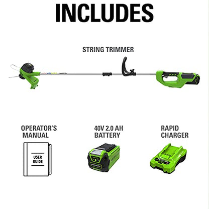 Greenworks 40V 12 in Cordless String Trimmer, 2.0 Ah Battery and Charger - size: 12" (Battery Included), style: String Trimmer