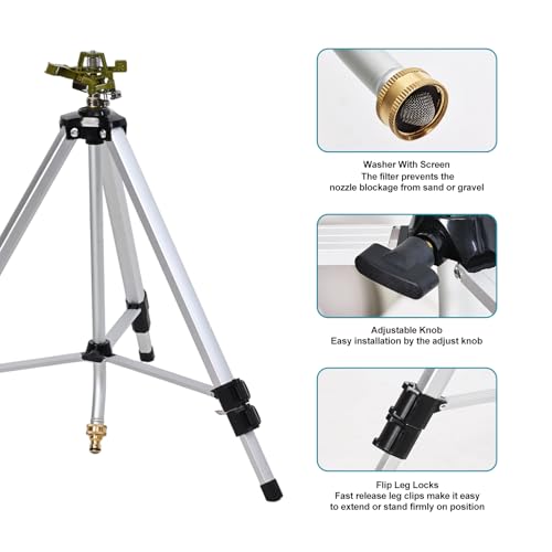 Impact Sprinkler Head on Tripod Base, Heavy Duty Lawn Sprinklers, 360 Degree Large Area Irrigation, Metal Sprinkler Nozzle with Solid Alloy Metal Extension Legs (36in) - size: 36in