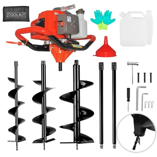 72cc 4HP Gas Powered Post Hole Digger, Gas Earth Auger/Ice Auger, with 4""/8""/12"" Bits + 2 Extension Poles, 2-Stroke Gasoline Post Digger for Fence Garden Farm Plant (72CC)