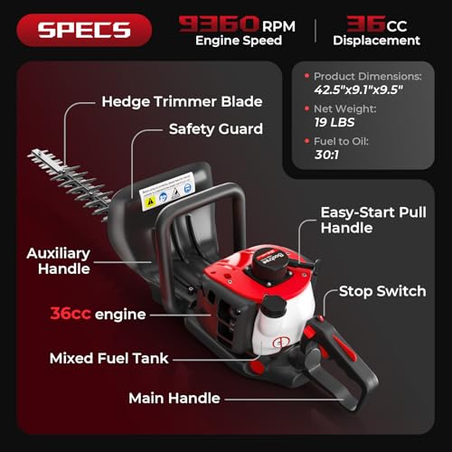 24-Inch 36cc 2 Cycle Gas Powered Dual Sided Hedge Trimmer (Red, 36cc) - color: Red, size: 36cc